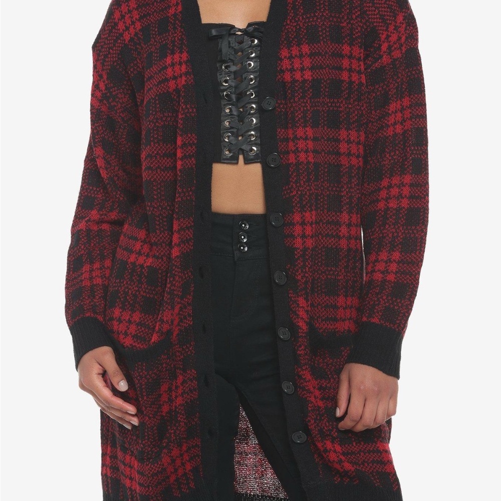 Hot Topic Social Collision Red & Black Plaid Oversized Cardigan